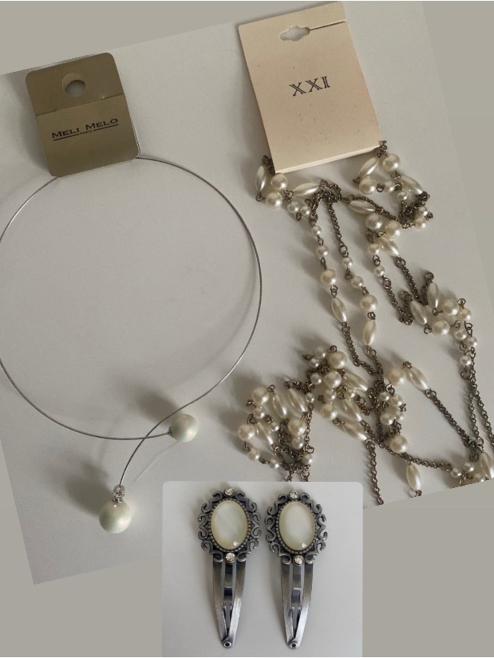 Pearl Necklaces Set of 2 NEW & 2 Snap On Rhinestone Hair Clips Hair Accessories